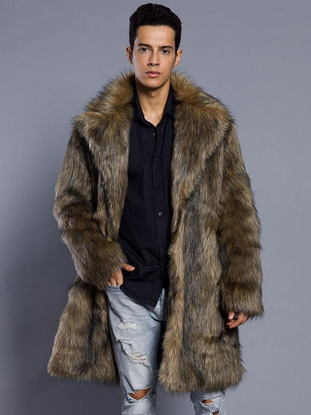 Brown Faux Fur Coat Men Overcoat Turndown Collar Long Sleeve Winter Coat
