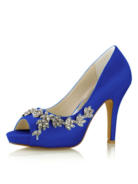 Milanoo Peep Toe Crystal Wedding Pumps High Heel Bridal Shoes in Blue