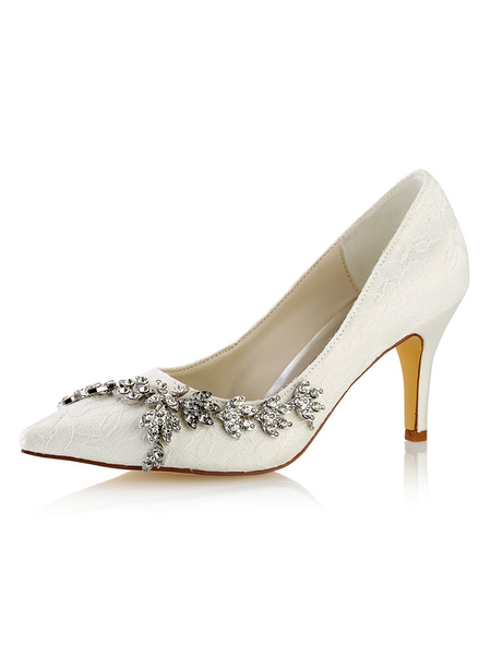 

Milanoo Ivory Wedding Shoes Pointed Toe Rhinestones Slip On Bridal Shoes Women High Heels