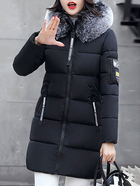 

Black Hooded Quilted Jacket Faux Fur Long Sleeve Printed Women Winter Coat