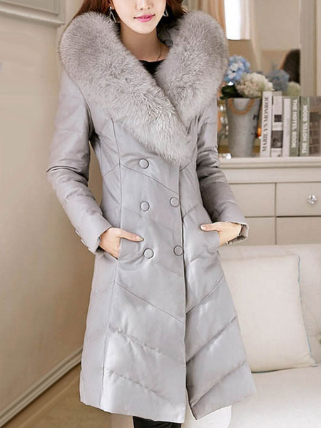 

Women Leather Quilted Jacket Faux Fur Collar Coat V Neck Long Sleeve Fuchsia Winter Coats