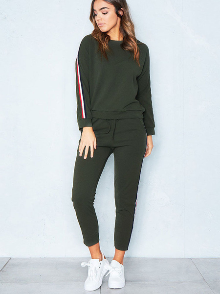 

Women Tracksuit 2 Piece Long Sleeve Round Neck Green Drawstring Sweatshirt With Track Pants