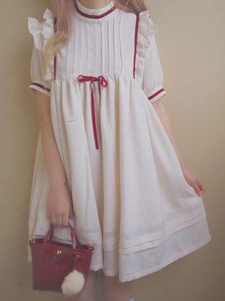 Image of Lolita abito dolce maniche corte bianco in chiffon con annodature con orli con colletto alla coreana bicolore