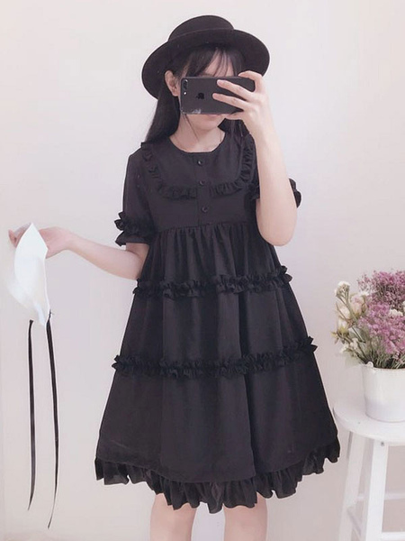 Milanoo Classic Lolita OP One Piece Dress Round Neck Short Sleeve Ruffles Black Lolita Dress