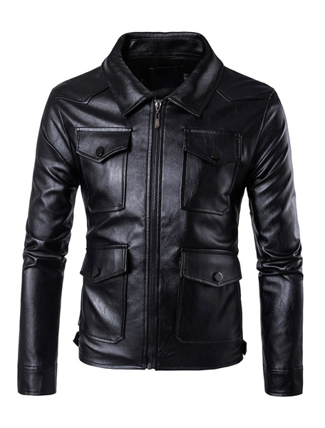 Image of Men Leather Jacket Turndown Collar Long Sleeve Spring Jacket Black Motorcycle Jacket With Pockets