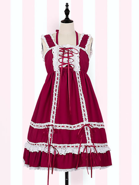 Milanoo Sweet Lolita JSK Jumper Skirt Ruffles Bows Lace Up Two Tone Red Lolita Dress
