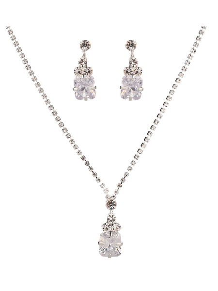 Milanoo Wedding Jewelry Set Silver Rhinestones Pendant Necklace With Pierced Earrings