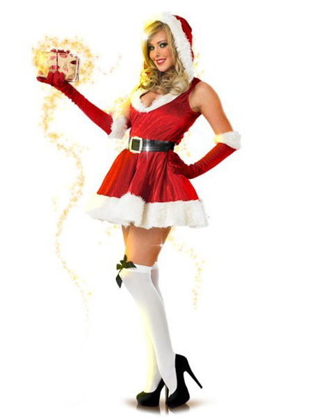 Milanoo Christmas Santa Costume Red Velour Two Tone Mini Dress With Hat For Women
