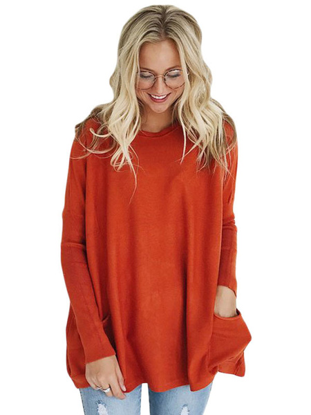 

Women Pullover Sweater Pocket Long Sleeve Orange Oversized Sweater