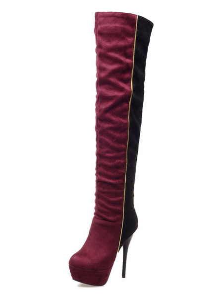 Women Suede Boots Burgundy High Heel Boots Over Knee Boots