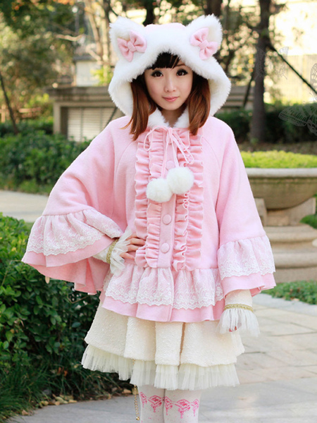 doux lolita poncho manteau rose capuche oreille chat ruffles hiver laine manteau déguisements halloween
