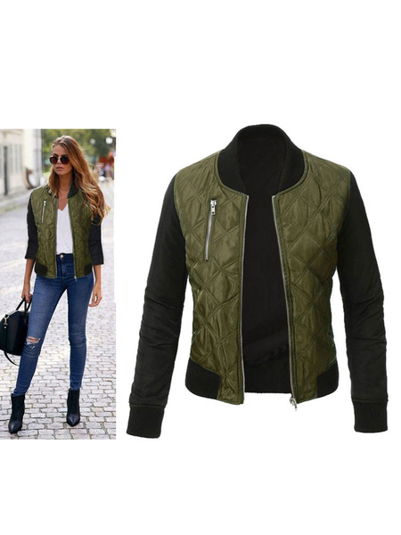 Women Bomber Jacket Burgundy Long Sleeve Stand Collar Padded Jacket Quilted Jackets For Women