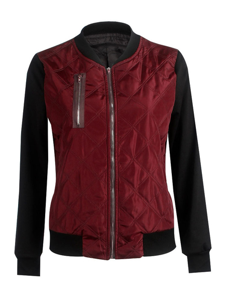 milanoo.com Women Bomber Jacket Burgundy Long Sleeve Stand Collar Padded Jacket Quilted Jackets For Women
