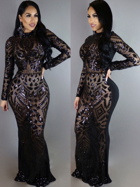 Milanoo Black Club Maxi Dress Sequins High Collar Long Sleeve Formal Dresses For Women