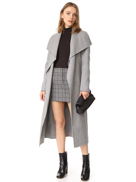 

Women Trench Coat Grey Long Sleeve Turndown Collar Winter Maxi Coat
