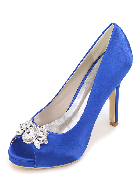 Milanoo Blue Wedding Shoes Women High Heels Satin Rhinestones Peep Toe Slip On Pumps