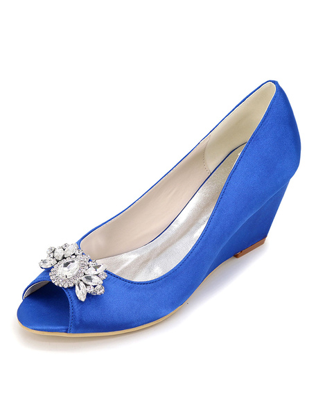 Milanoo Boho Wedding Shoes Wedge Heel Satin Peep Toe Crystal Bridal Shoes