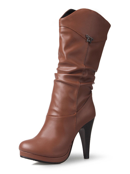 

Brown Mid Calf Boots Round Toe High Heel Boots Women Shoes