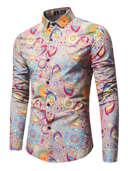 Image of Men Casual Shirt Floral Printed Shirt Turndown Collar Long Sleeve Cotton Shirt
