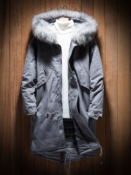 

Men Parka Coat Grey Winter Coat Hooded Long Sleeve Drawstring Oversized Coat