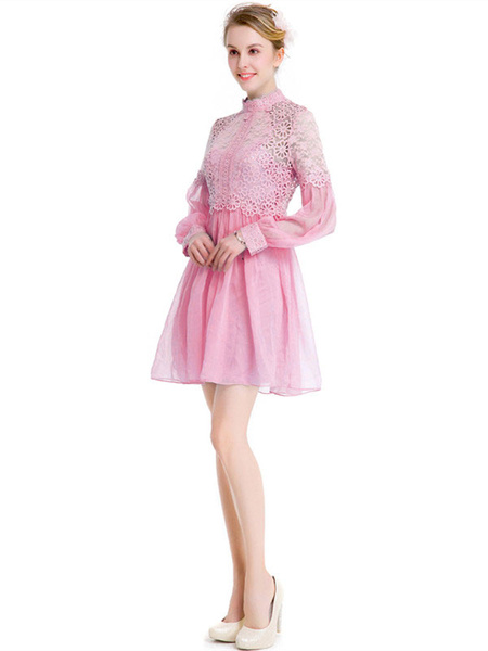 

Women Skater Dress Pink High Collar Long Sleeve Lace Draped Mini Dresses