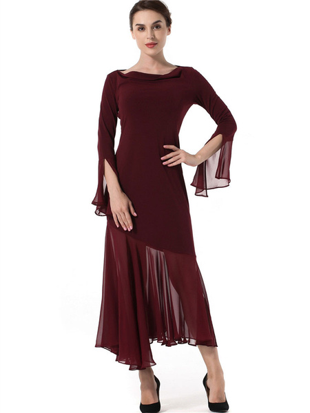 

Burgundy Maxi Dress Designed Neckline Bell Long Sleeve Long Dress For Women