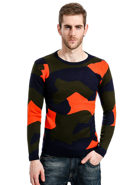 

Men Sweater Orange Round Neck Long Sleeve Cotton Top Pullover Sweater