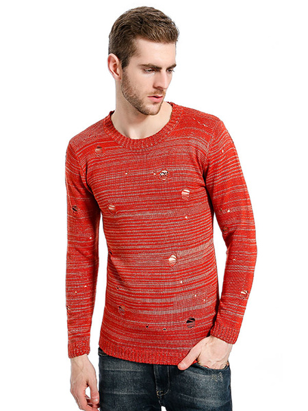

Men Pullover Sweater Orange Round Neck Long Sleeve Sweater Cotton Top