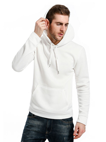 

White Hoodie Men Sweatshirt Hooded Long Sleeve Regular Fit Cotton Top With Pockets