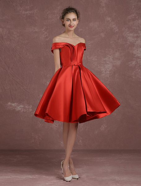 Image of Off The Shoulder Cocktail Dress Red Satin Homecoming Dress Ruched A Line Knee Length Party Dress With Bow Sash wedding guest dress