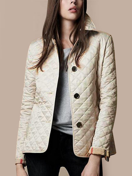 Image of Women Quilted Jacket Black Button Long Sleeve Turndown Collar Padded Coat