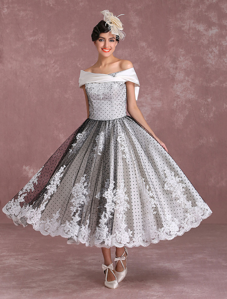 Milanoo Black Wedding Dresses Vintage Short Bridal Gown Lace Off The Shoulder Polka Dot Print Bridal