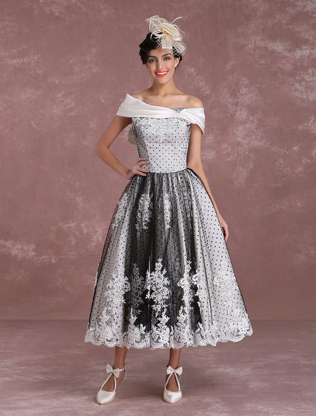 Milanoo Black Wedding Dresses Vintage Short Bridal Gown Lace Off The Shoulder Polka Dot Print Bridal