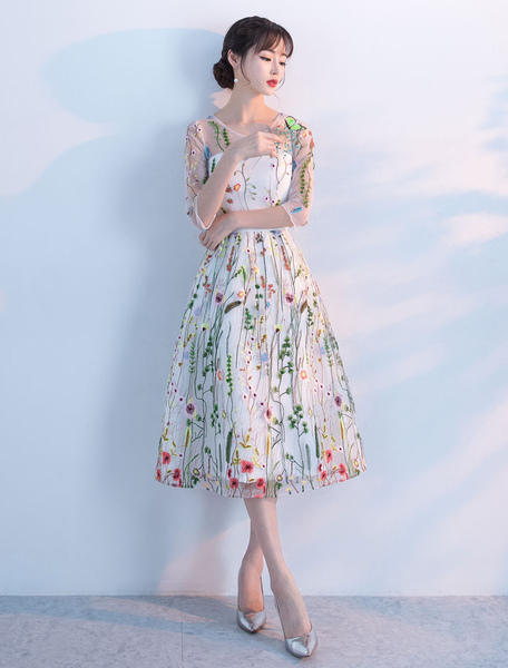 Milanoo Lace Prom Dresses 2021 Short Floral Print Cocktail Dress Illusion Half Sleeve Tea Length Par
