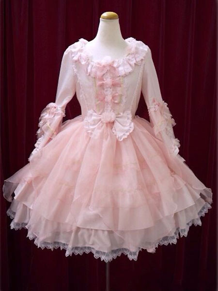 Milanoo Sweet Lolita Dress OP Pink Bow Hime Sleeve Ball Gown Lolita One Piece Dress