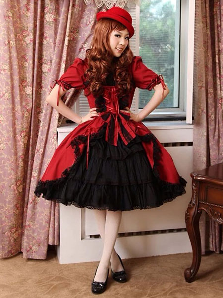 Milanoo Burgundy Layered Cotton Gothic Lolita Dress for Women