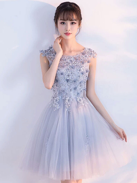Image of Tulle Homecoming Dress Lace Applique Light Grey Short Prom Dresses 2020