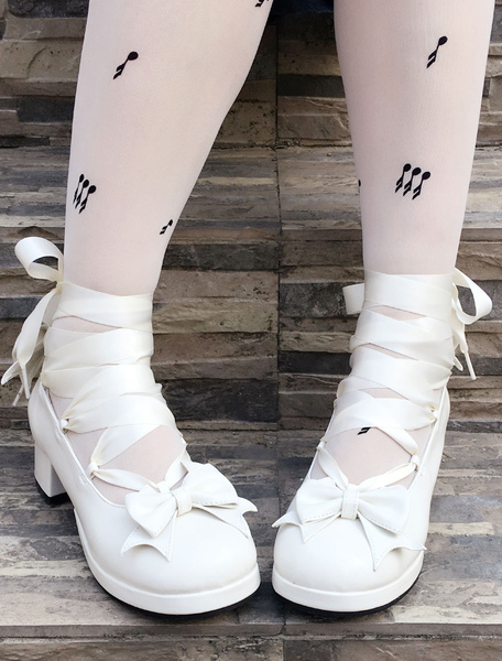 Milanoo Sweet Lolita Shoes White Lace Up Bow Heeled Lolita Pumps
