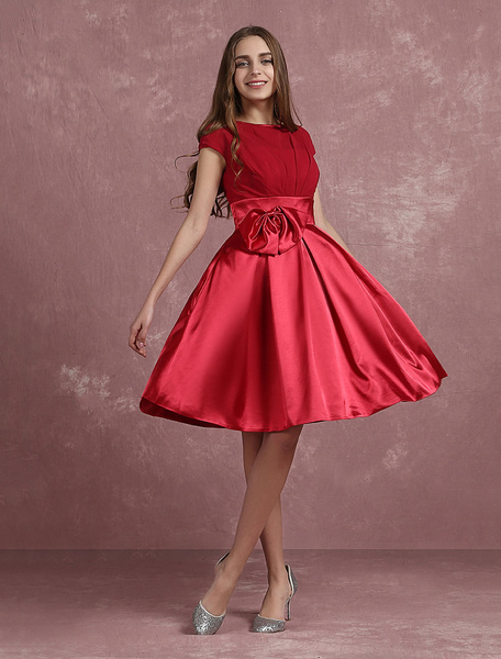 Image of Red Prom Dresses 2020 Short Homecoming Dress A Line Pleated Satin Jewel Short Sleeve Knee Length Party Dress With Bow
