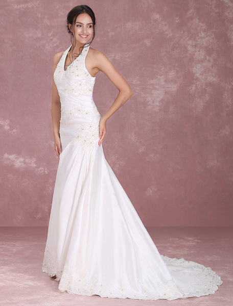 Milanoo A-Linie-Brautkleid aus Taft mit Pailletten in Weiß