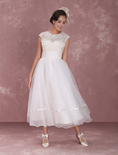 Milanoo Elegant Backless Bow Round Neckline A Line Tea Length Wedding Dress
