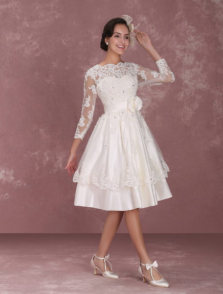 Milanoo  Günstiges Brautkleid aus Spitze mit Illusion-Ärmeln und Blumen