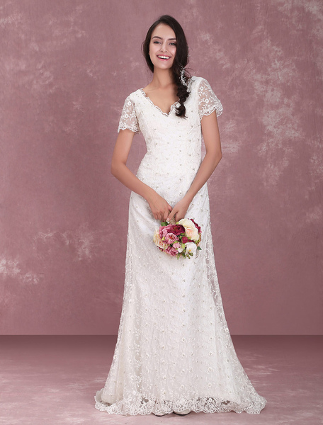 Image of Ivory Lace V-Neck Glamorous Short Sleeve Wedding Dress