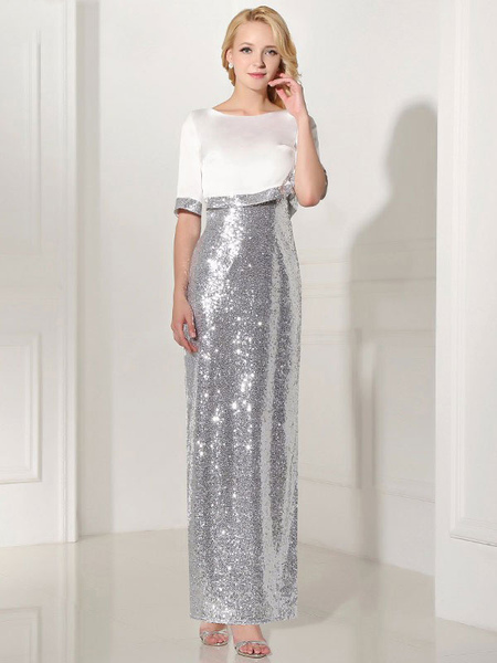 Milanoo Silver Evening Dress Sequin 2 Piece Mother Dress Sheath Split V Neck Flower Ankle Length Par