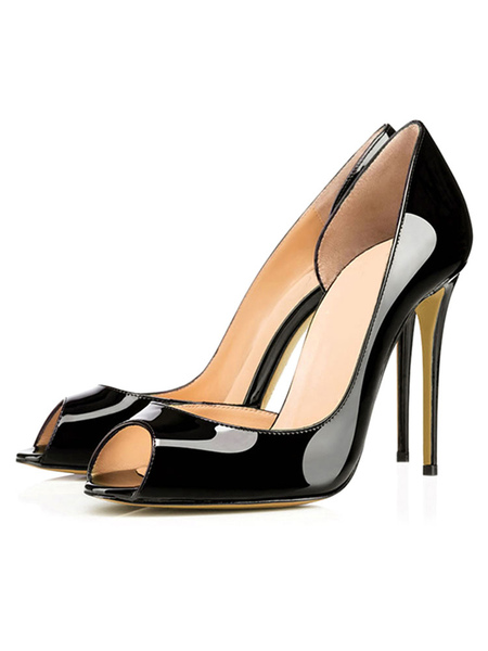 Milanoo Womens Peep Toe Heels Patent Leather Stiletto High Heel Pumps in Black