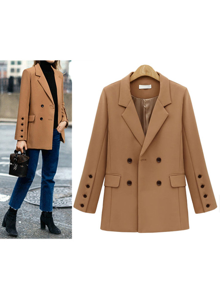 Milanoo Women's Blazer Jacket Long Sleeve Notch Collar Light Brown Winter Coat