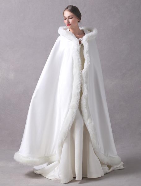 

Milanoo Satin Wedding Jacket Long Bridal Cape Cloak Fur Trim Ivory Hooded Ivory Winter Wrap Coat