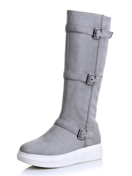 

Grey Suede Boots Women Boots Round Toe Buckle Detail Mid Calf Boots