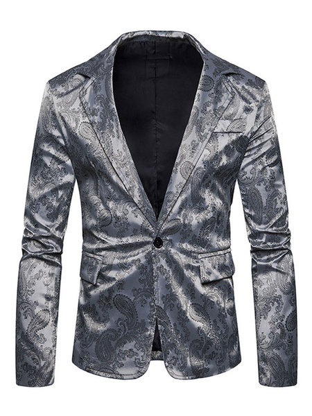 Image of Men Casual Blazer Dark Navy Turndown Collar Long Sleeve Printed Suit Jacket Spring Jacket