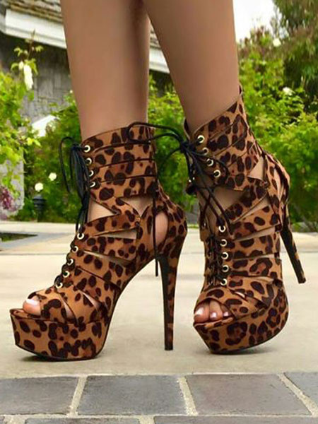 

Leopard High Heel Sandals Peep Toe Platform Lace Up Ankle Boots Sandal Booties